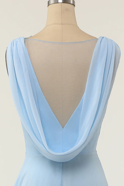 Elegant V-neck blue ruffled bridesmaid skirt