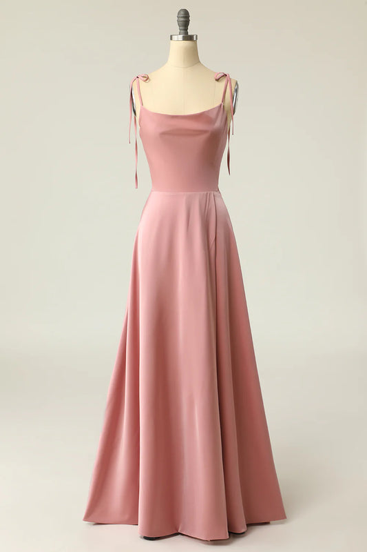 Powder blusher Spaghetti Sexy Strap Bow Long Prom Dress