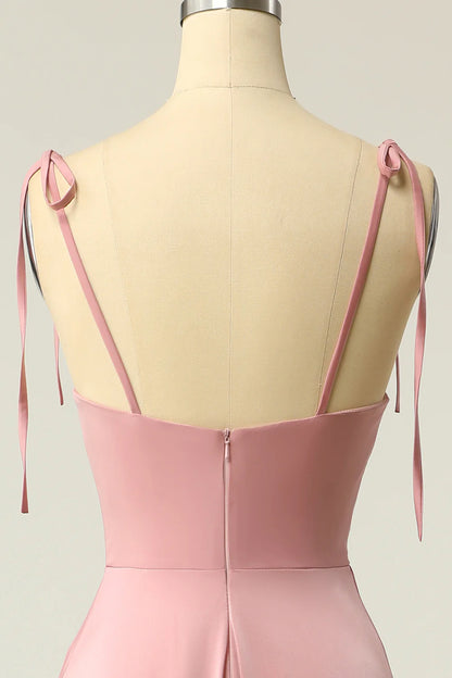 Powder blusher Spaghetti Sexy Strap Bow Long Prom Dress