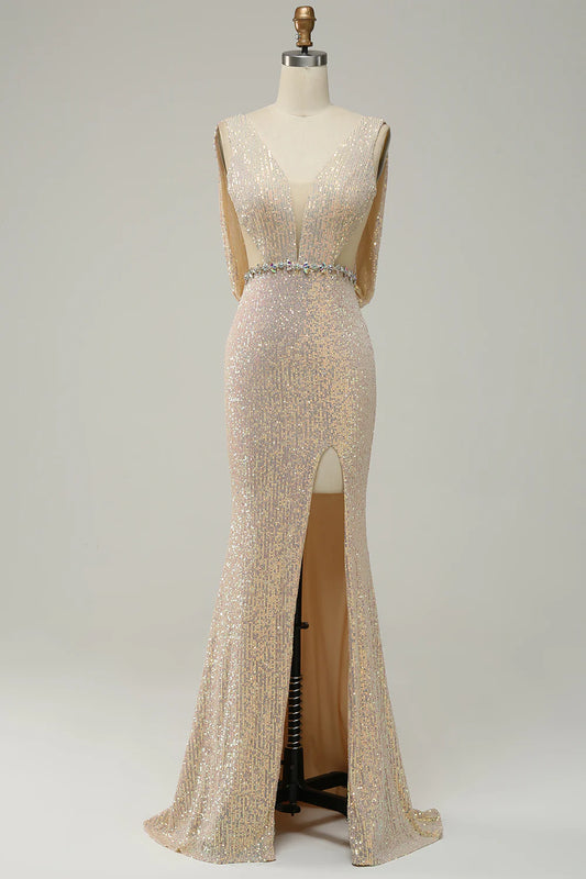 Elegant deep V-neck champagne sequin ball long dress with front slit