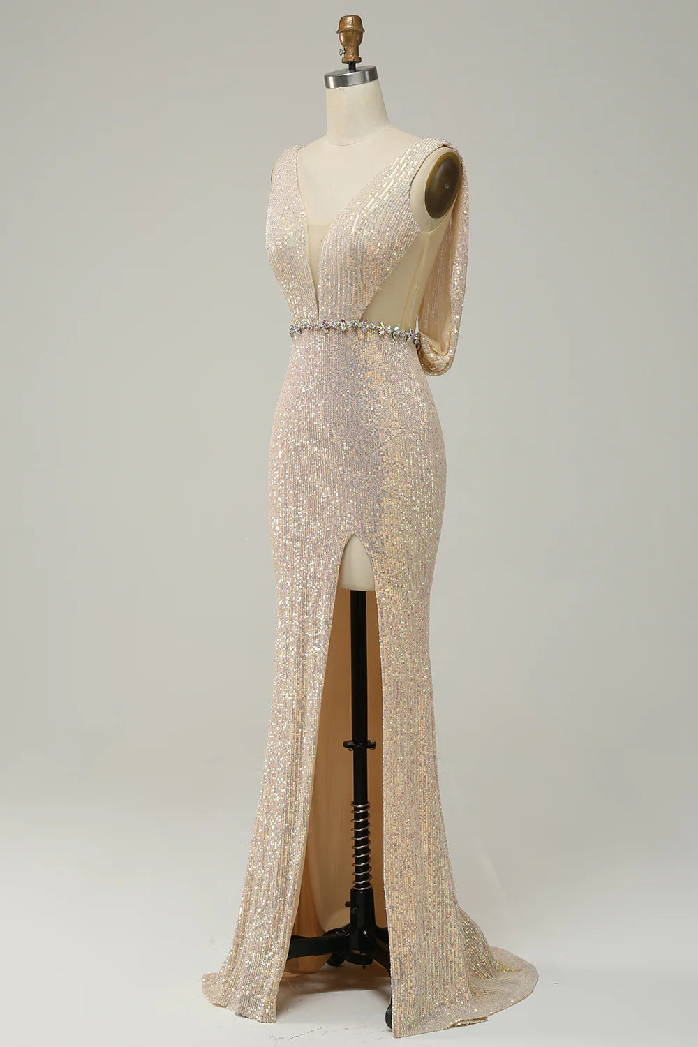 Elegant deep V-neck champagne sequin ball long dress with front slit
