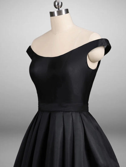 Off-shoulder Gothic Black A-Line Elegant Satin Ball Gown Wedding Dress