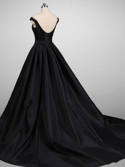 Off-shoulder Gothic Black A-Line Elegant Satin Ball Gown Wedding Dress