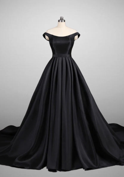Off-shoulder Gothic Black A-Line Elegant Satin Ball Gown Wedding Dress