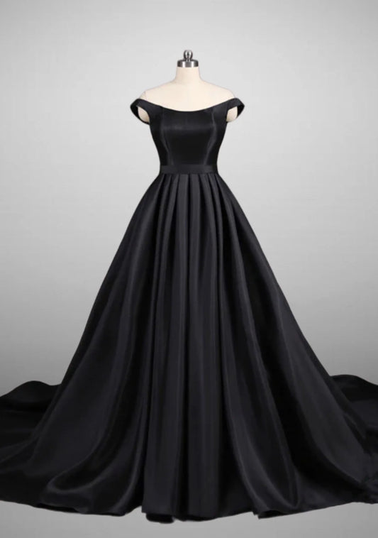 Off-shoulder Gothic Black A-Line Elegant Satin Ball Gown Wedding Dress