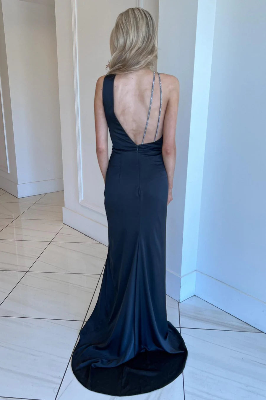 Black Surplice-Neck Long Formal Dress