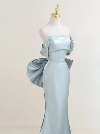 Simple Off Shoulder Satin Blue Long Evening Dress Blue Long Formal Dress