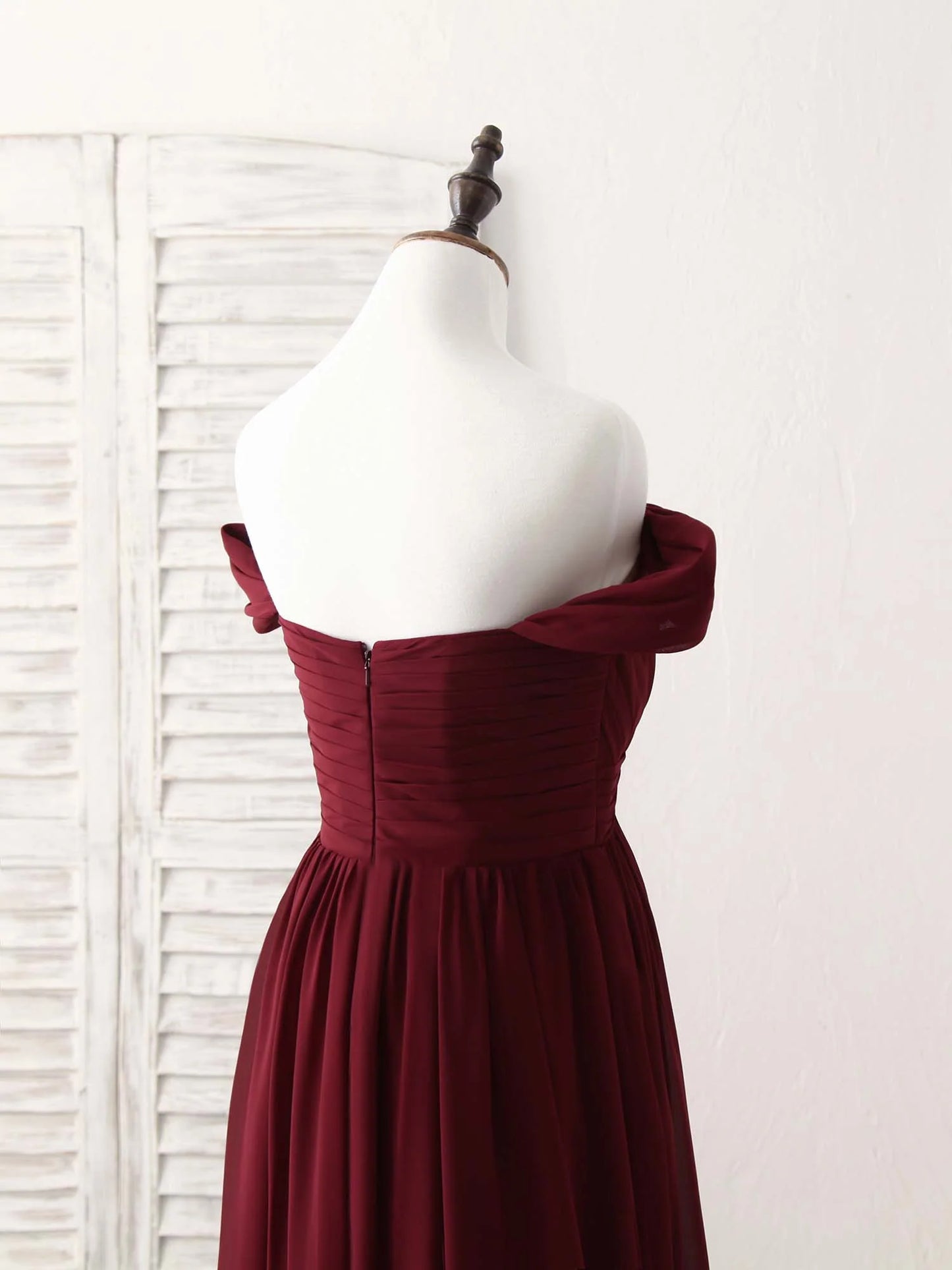 Chiffon Off Shoulder Long Prom Dress Burgundy Bridesmaid Dress