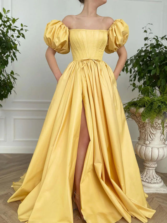 Simple yellow satin long prom dress yellow prom dress