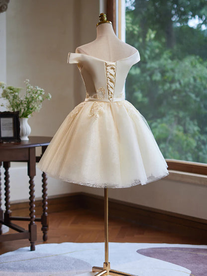 A-Line Off Shoulder Tulle Lace Short Champagne Homecoming Dress