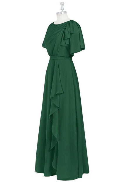 Crew Neck Short Sleeve Ruffled A-Line Bridesmaid Dress