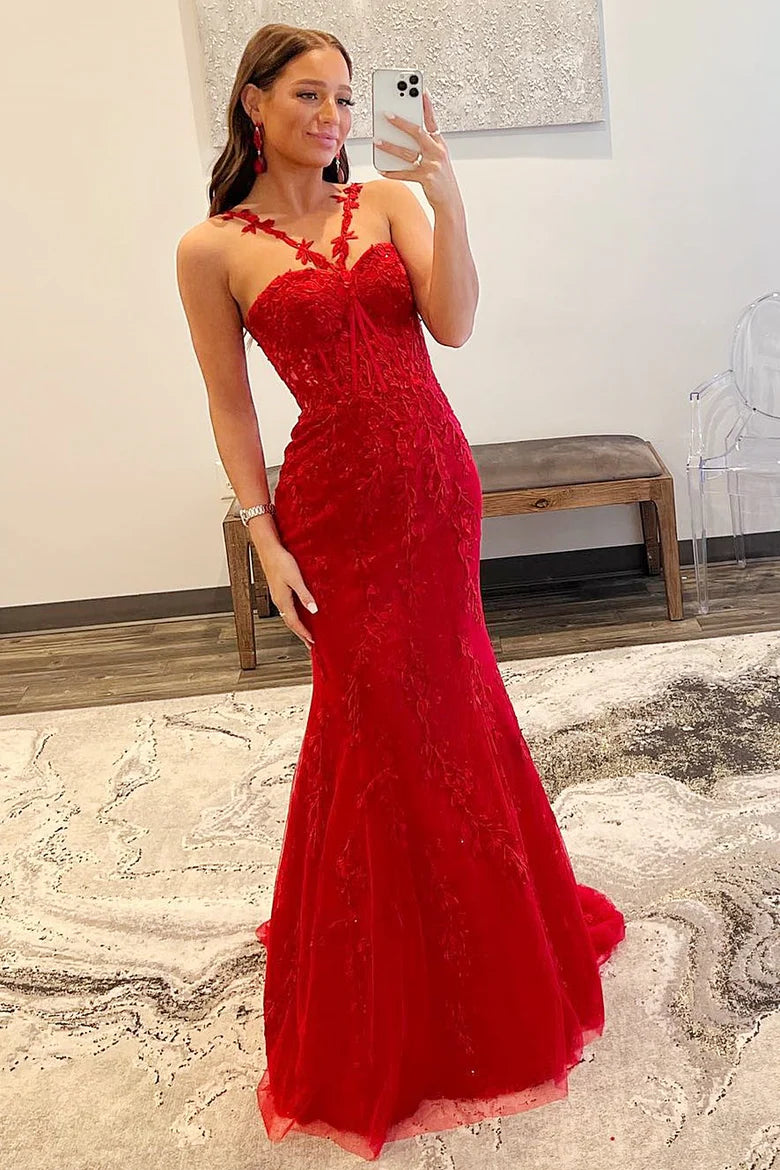 Halter Flower Straps Appliques Mermaid Long Prom Dress
