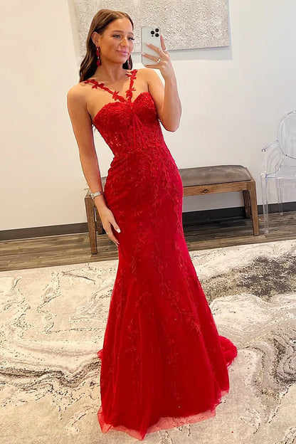 Halter Flower Straps Appliques Mermaid Long Prom Dress