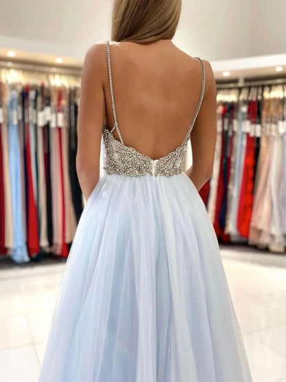 Light blue tulle long prom dress blue tulle formal prom dress