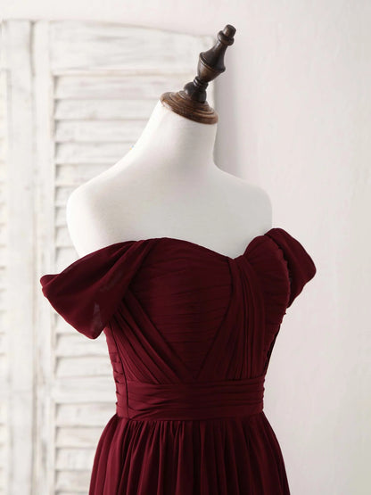 Chiffon Off Shoulder Long Prom Dress Burgundy Bridesmaid Dress