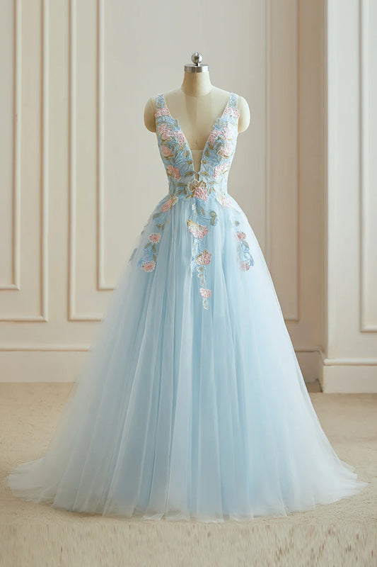Noble and elegant A-line V-neck sheer lace backless long ball dress