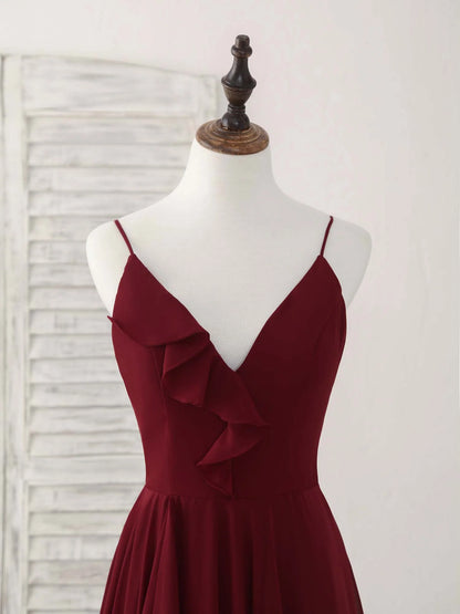 Burgundy V Neck Chiffon Long Prom Dress Bridesmaid Dress