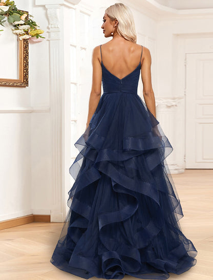 A-shaped Elegant Evening Dress Formal Wedding Guests Broom Tail Sleeveless Thin Shoulder Strap Folded Ruffle Edge Split Organza