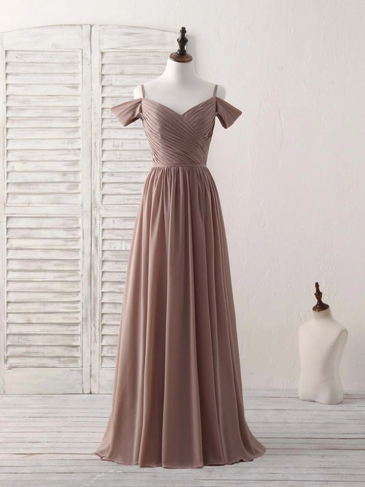 V Neck Dark Champagne Chiffon Long Prom Dress Bridesmaid Dress