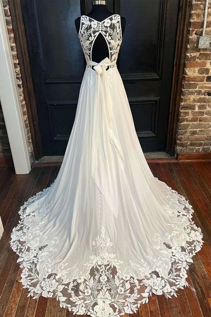 Cowl Neck Cutout Back Lace-Trimmed Long Wedding Dress