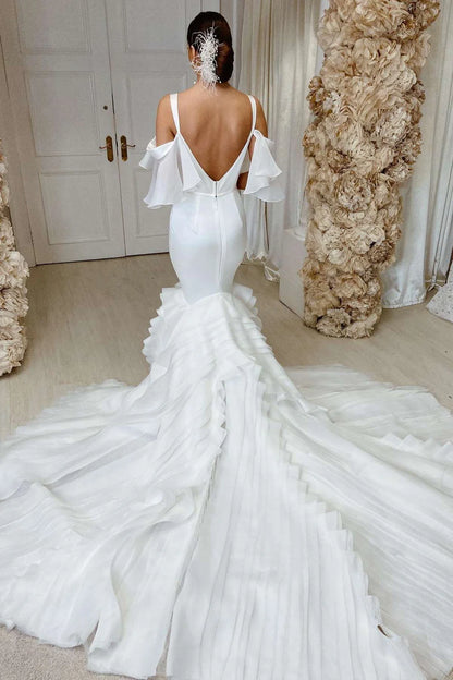 Cold-Shoulder Ruffles Trumpet Long Wedding Dress