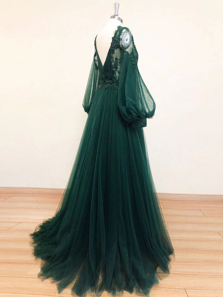 Green v neck lace A line long prom dress green tulle prom dress