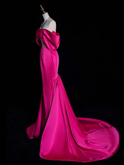 Simple Off Shoulder Mermaid Rose Red Long Evening Dress