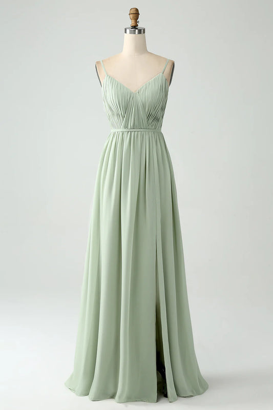 A Line Spaghetti Straps Pleated Maternity Bridesmaid Dress With Slit