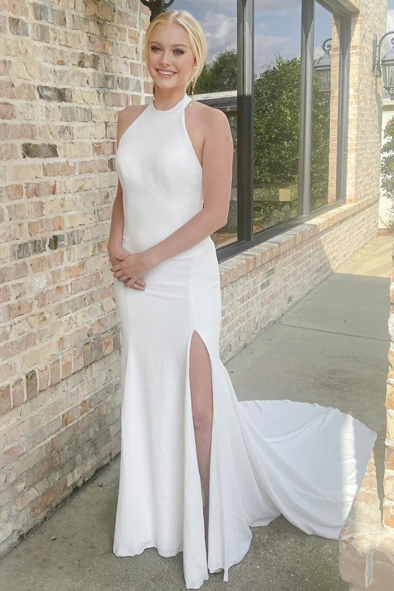 Halter Mermaid Long Wedding Dress with Slit