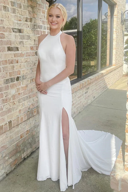Halter Mermaid Long Wedding Dress with Slit