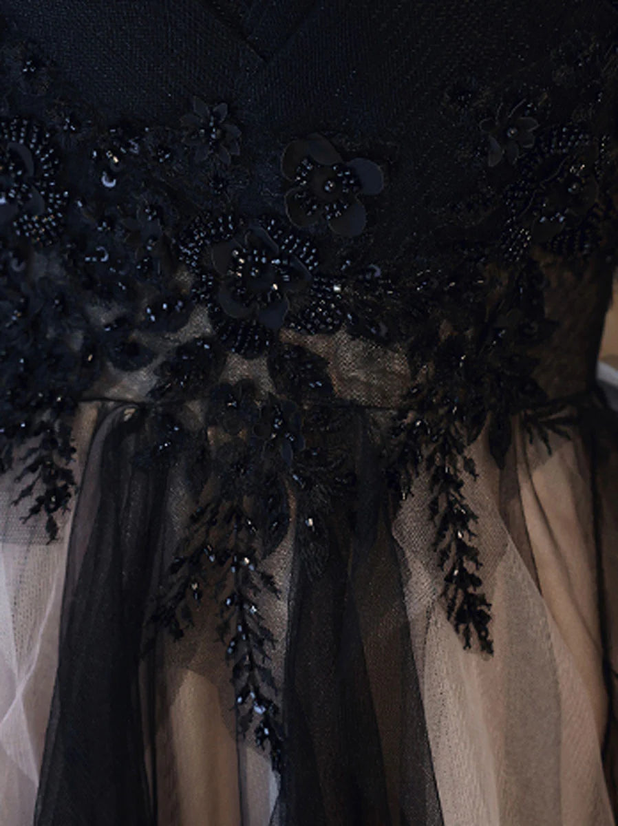 Black Aline tulle long prom dress black lace formal prom dress