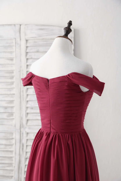 Chiffon Off Shoulder Long Prom Dress Burgundy Bridesmaid Dress