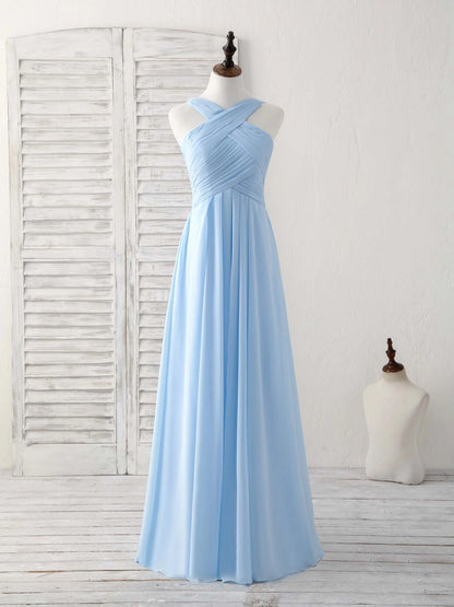 V Neck Chiffon Blue Long Prom Dress Blue Bridesmaid Dress