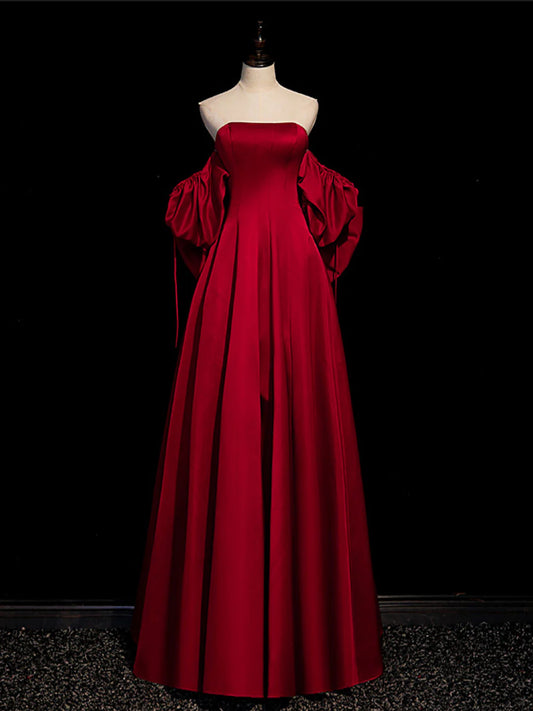 A-Line Burgundy Long Prom Dresses Satin Burgundy Formal Evening Dresses