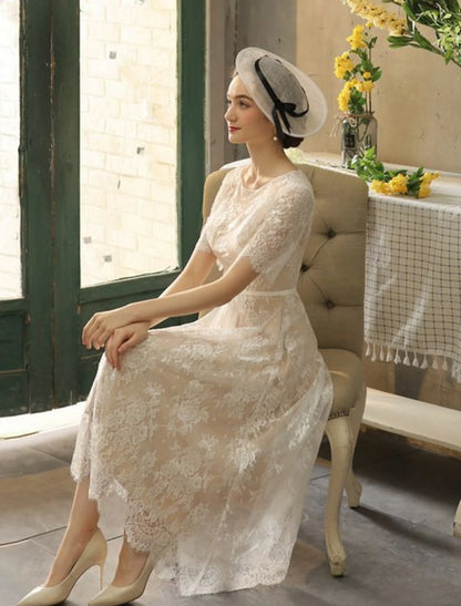 Minimalist Wedding Dress A-shaped Off Shoulder Cap Sleeves Tea Long Pleated Satin Bridal Dress Wedding Party