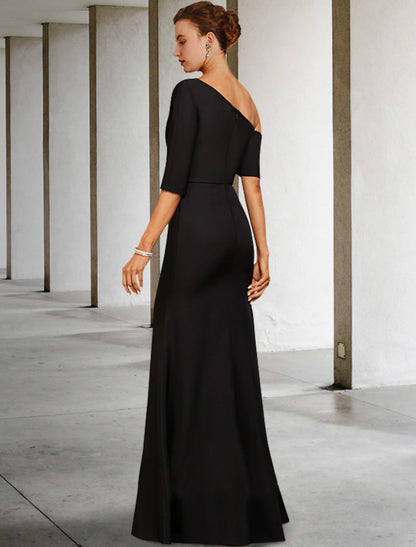 Bride Mom Dress Wedding Guests Retro One Shoulder to Floor Length Soft Satin 3/4 Long Sleeves with Ruffle Edge Side Drop
