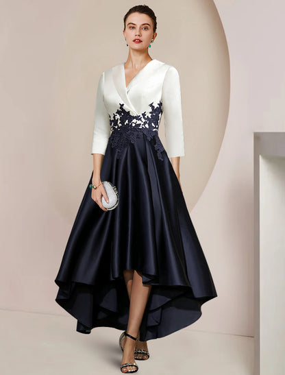 A-line Bride Mom Dress Formal Wedding Guests High and Low Shirt Collar Asymmetric Tea Long Satin Lace 3/4 Long Sleeves with Applique Color Blocks