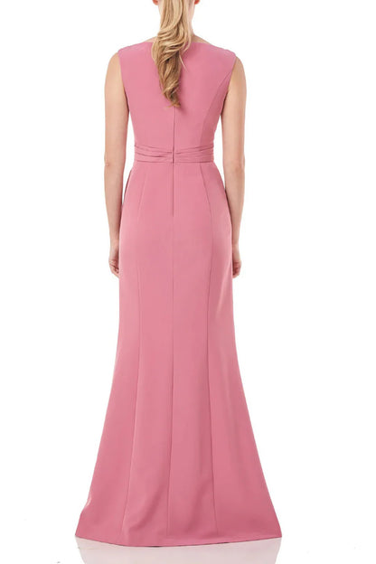 Boat Neck Sleeveless Pleated Front Zipper Back Solid Stretch Crepe Prom Dress
