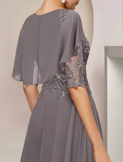 A-shaped Bride Mom Dress Fashion Trend Wedding Guests Elegant Spoon Neck Asymmetric Tea Length Chiffon Lace Half Cuff Beaded Applique