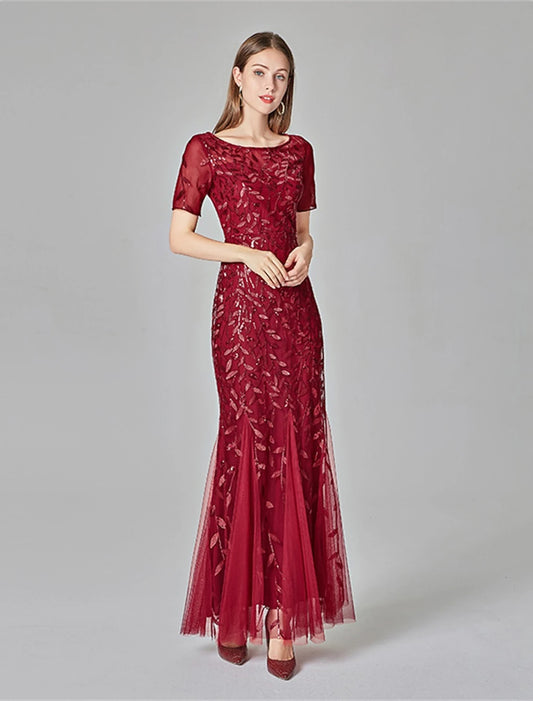 Mermaid Evening Dress Ball and Floor Length Short sleeved Jewelry Collar Autumn Wedding Guests Embroidered Thin Gauze