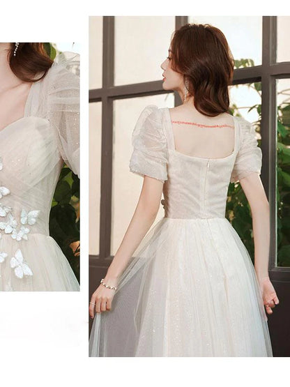 Light champagne tulle lace long prom dress lace prom dress