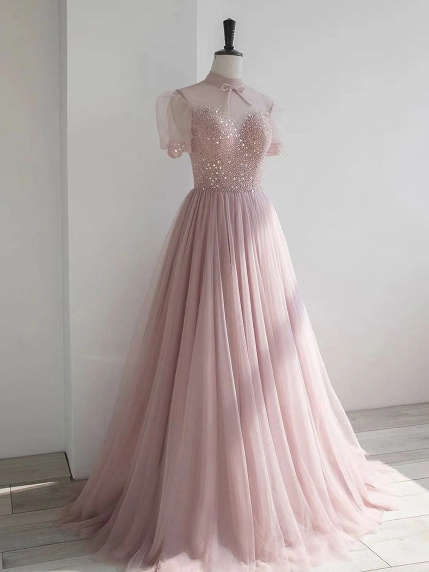 Pink round neck tulle sequin long prom dress  pink tulle formal prom dress