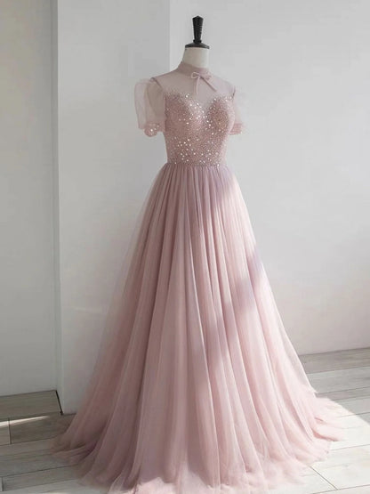 Pink round neck tulle sequin long prom dress  pink tulle formal prom dress