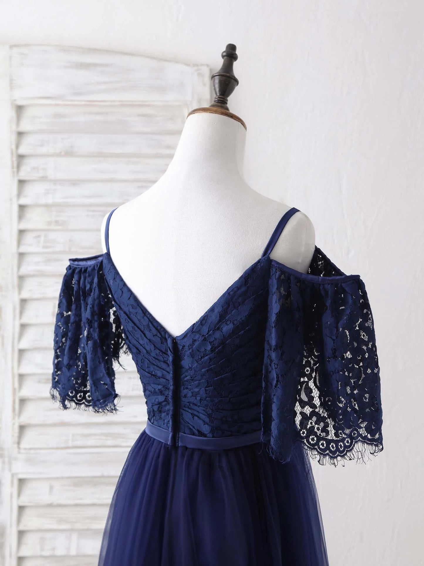 Dark Blue A-Line Lace Tulle Long Bridesmaid Dresses