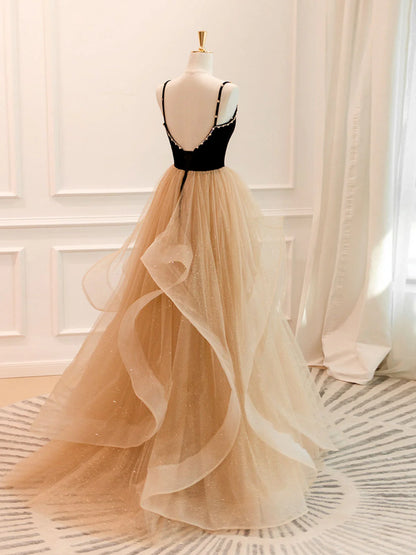 A-Line Champagne Tulle Long Prom Dress Long Prom Dresses