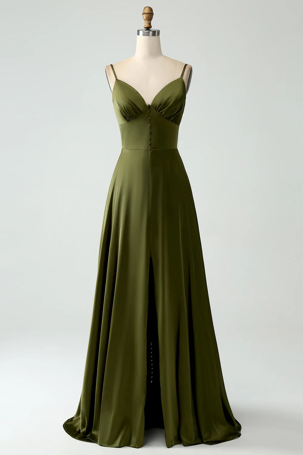 A-Line Spaghetti Straps Long Olive Bridesmaid Dress