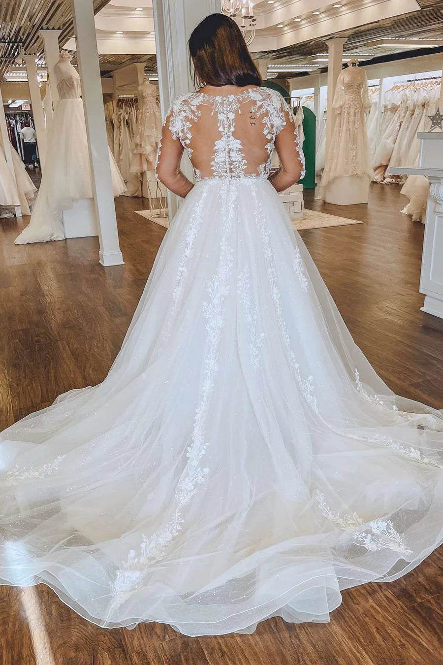 Floral Lace Queen Anne Long Sleeve Wedding Dress
