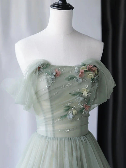 A-Line Tulle Green Long Prom Dress Green Tulle Formal Dress with Sequin