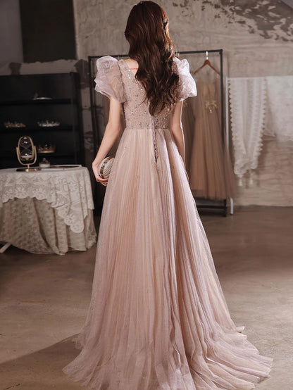 Flesh pink tulle long prom dress  tulle pink prom dress