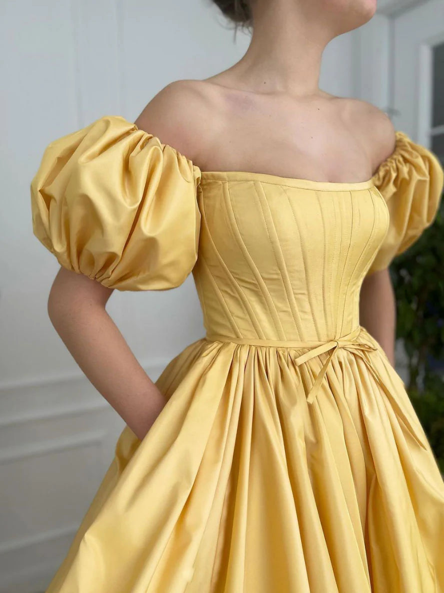 Simple yellow satin long prom dress yellow prom dress